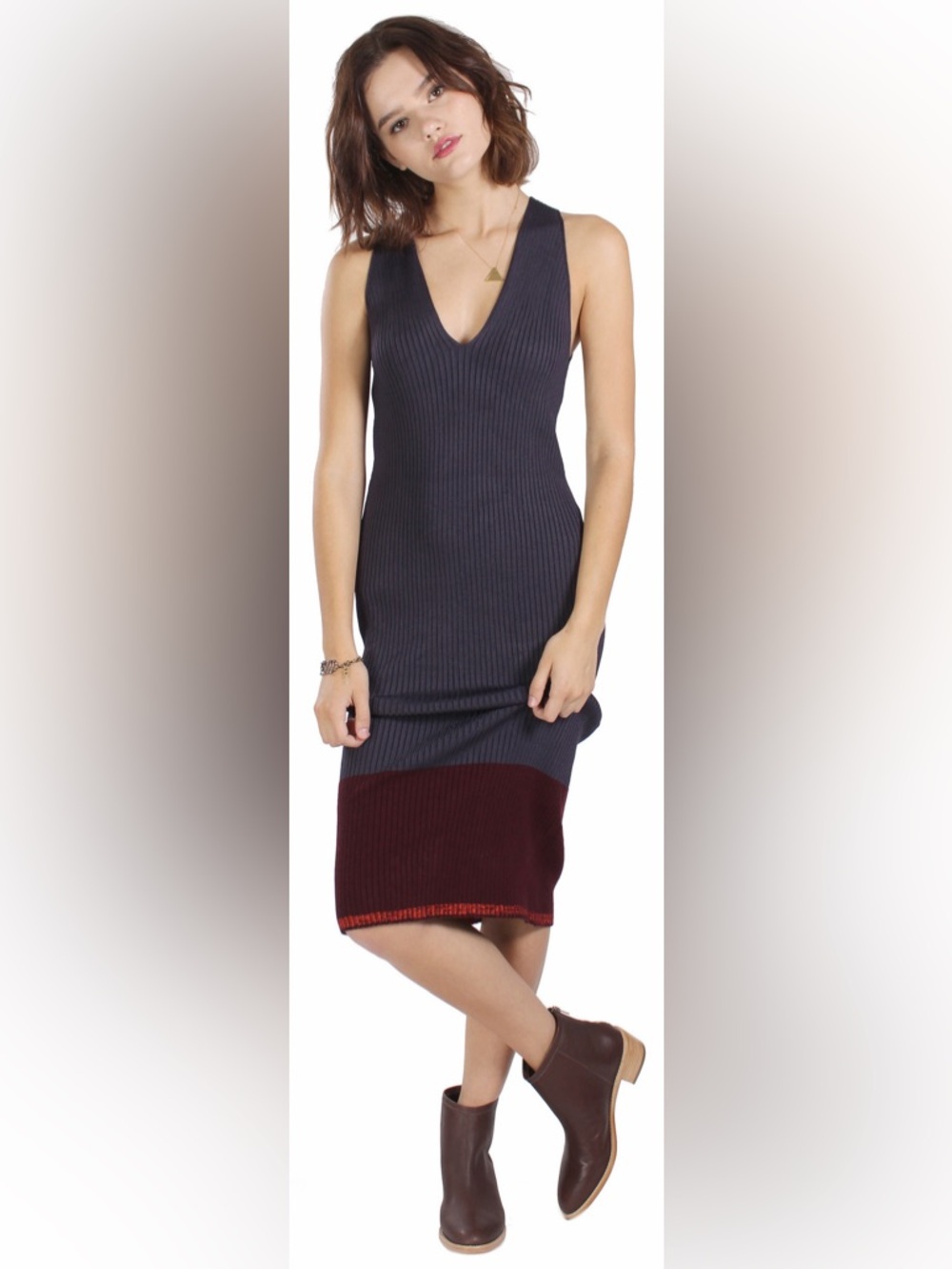 rag & bone navy and burgundy ribbed V-neck sleeveless dress XXS